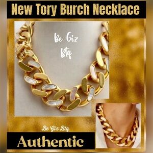 NWOT Tory Burch Authentic Roxanne Inlay Chunky Bold Statement Gold Necklace